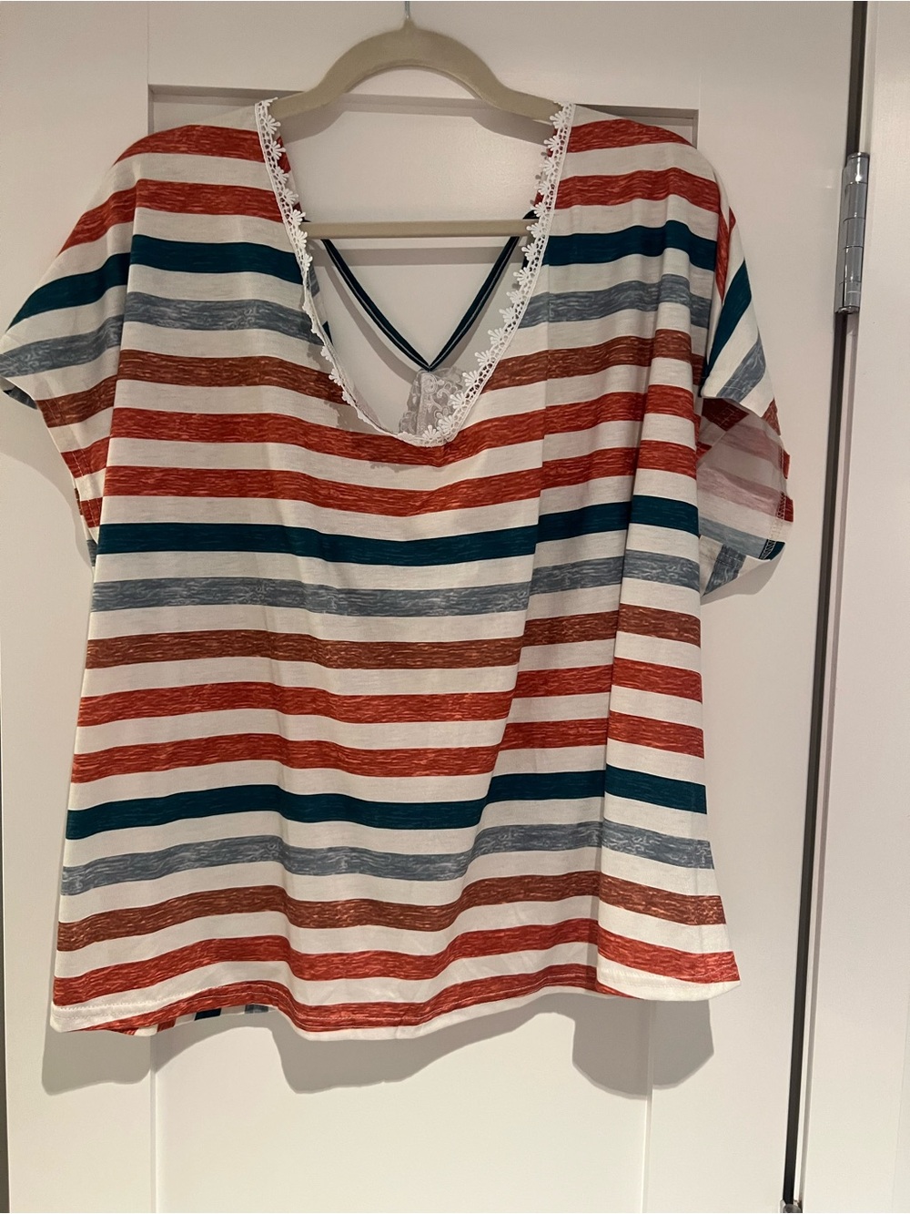Striped V-Neck Women’s Top in Rust, cream, gray and ocean green